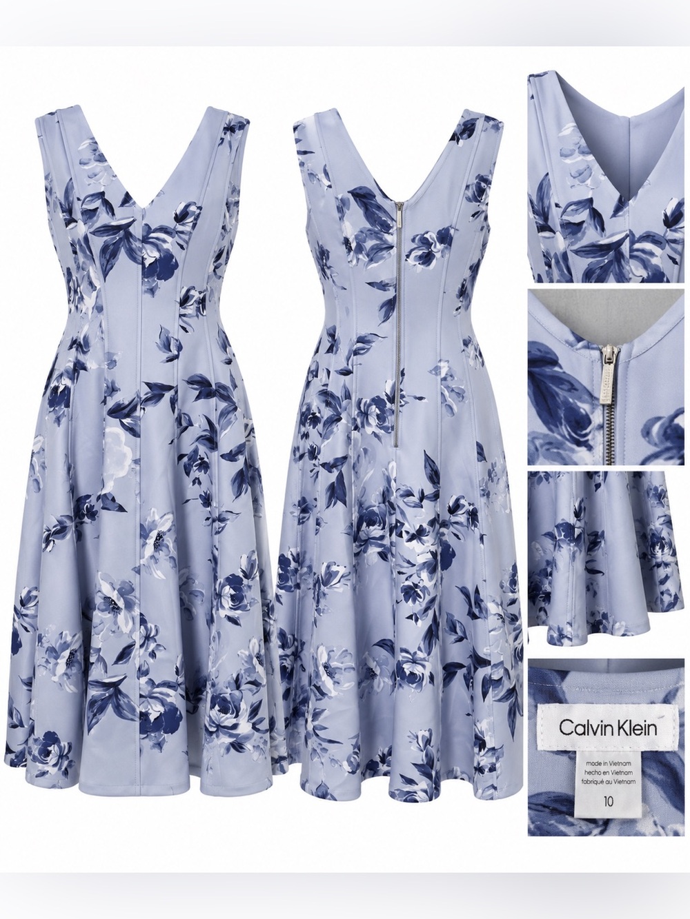 NWT Calvin Klein Blue Floral Fit & Flare Midi Dress Size 10